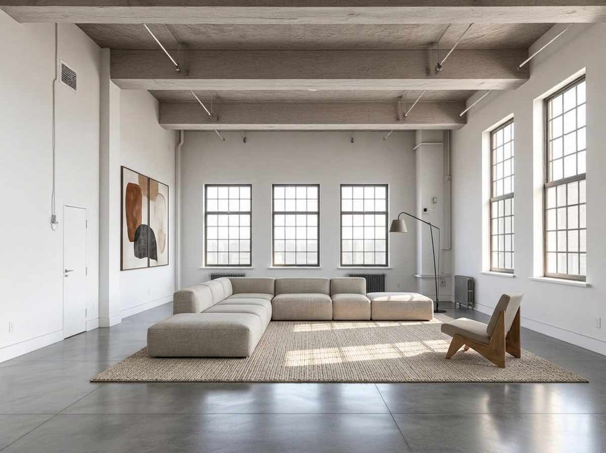loft studio virtually staged in contemporary minimalist style