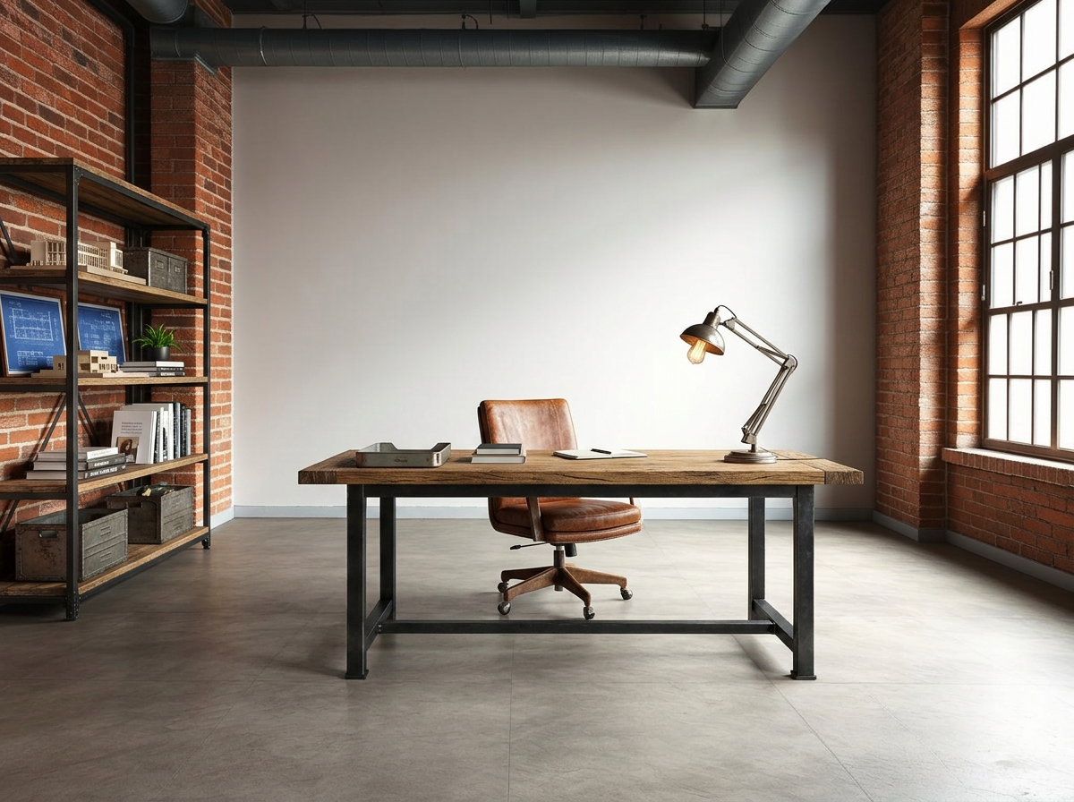 home office virtually staged in industrial loft style