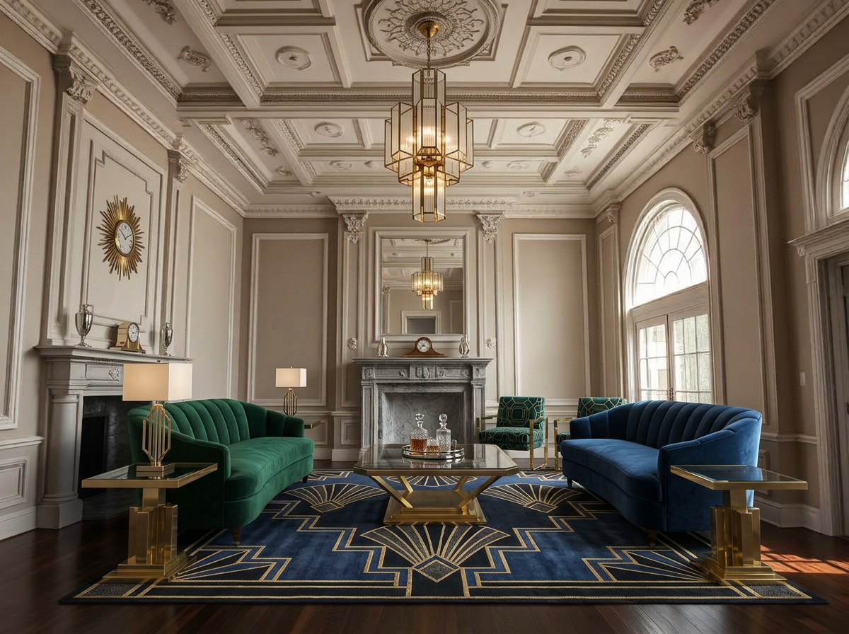 formal living room virtually staged in art deco style