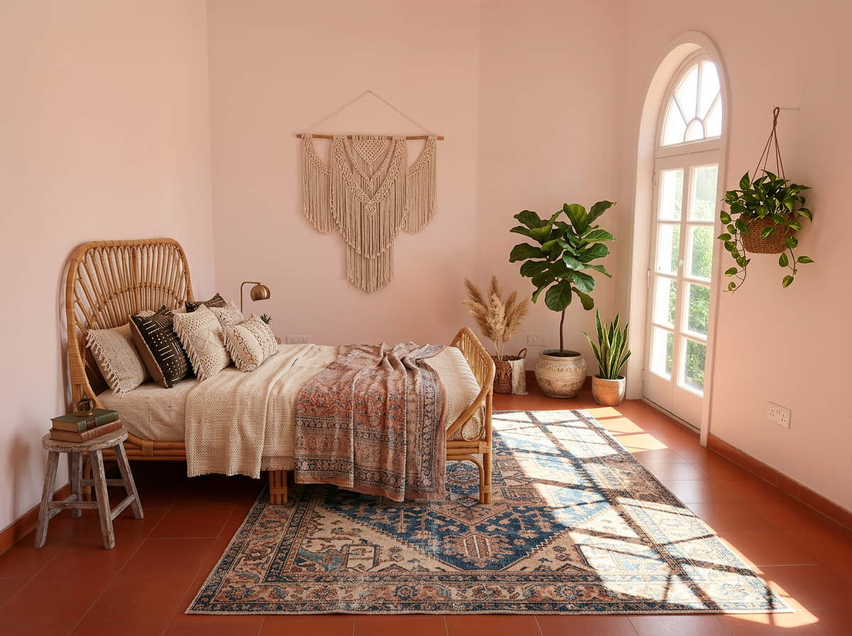 bedroom virtually staged in bohemian style
